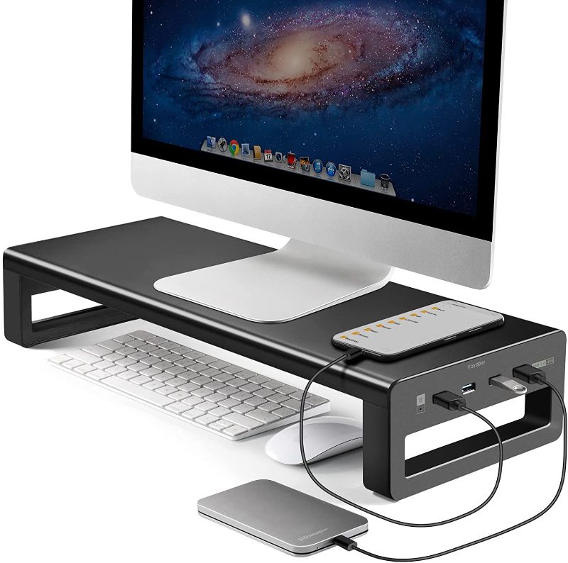 Photo 1 of Vaydeer USB 3.0 Aluminum Monitor Stand Metal Riser Support Transfer Data,Keyboard and Mouse Storage Desk Organizer for Laptop,Computer,Notebook,MacBook(Monitor Size Up to 27 inches) Grey