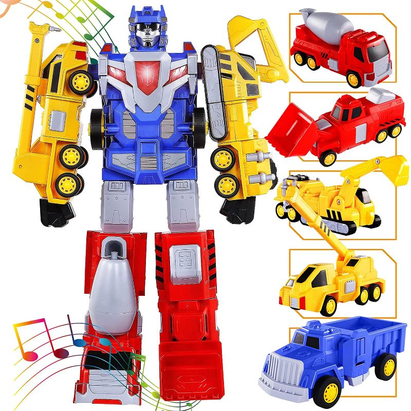 Photo 1 of SNAEN Toys for 3 4 5 6 7 Year Old Boys - Construction Vehicles Transform Robot Kids Toys, STEM Building Toddler Toys for Kids Ages 4-8 w/ Pull-Back Toys, 5-in-1 Trucks Gifts for Boys Girls
