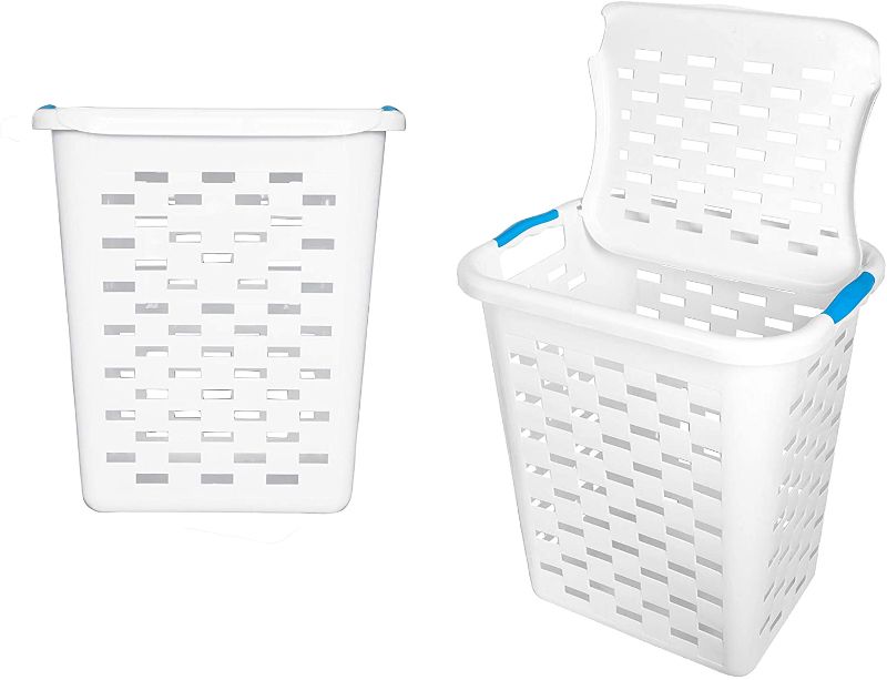 Photo 1 of Clorox Plastic Laundry Baskets with Odor Protection, 2 Pack | Heavy Duty Hamper with Odor Control | Tall Rectangular Clothing Storage with Handles, Large (with lids) , white
