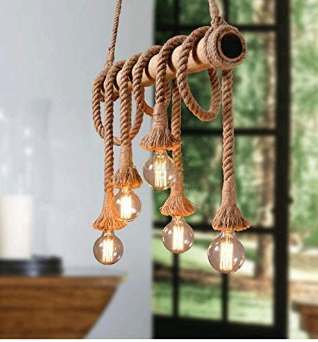 Photo 1 of Arturesthome 6 Heads Hemp Rope Pendant Light, Vintage Bamboo Chandeliers Fixture Kitchen Island, Rustic Industrial Hanging Lamp for Bedroom Restaurant Cafe Bar Country Style Decoration
