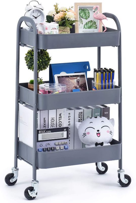 Photo 1 of TOOLF 3 Tier Rolling Cart, No Screw Metal Utility Cart, Easy Assemble Utility Serving Cart,Sturdy Storage Trolley with Handles, Locking Wheels,for Kitchen Garage Home Bedroom Bathroom, Grey
