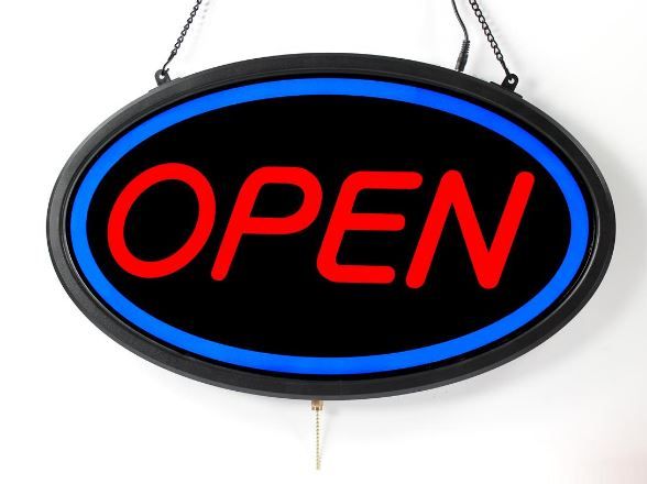 Photo 1 of OPEN Animated LED Sign with Chains, Oval - Blue & Red
