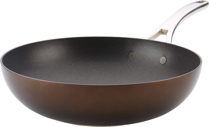 Photo 1 of Anolon Nouvelle Copper Hard Anodized Nonstick Wok/Stir Fry Pan/Wok Pan - 12 Inch, Sable Brown
