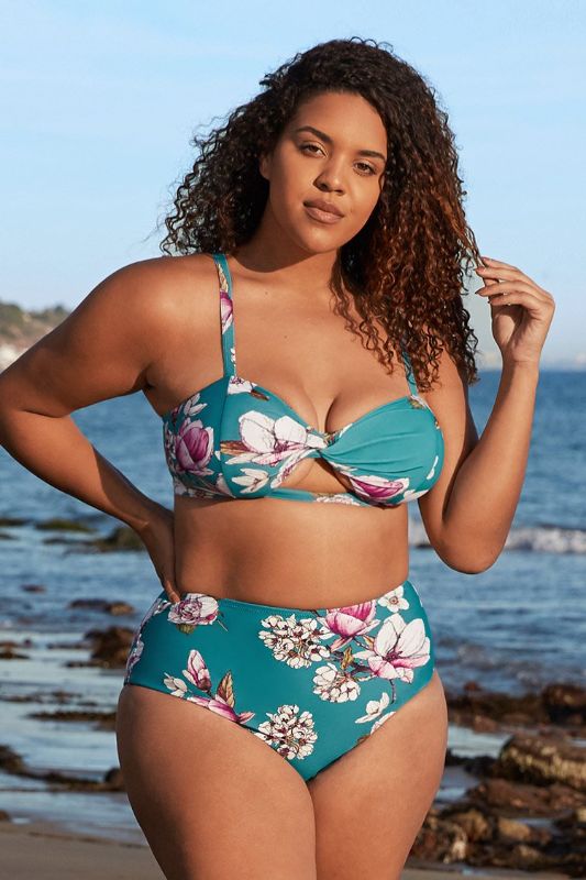 Photo 1 of Blue Floral Cutout High Waisted Plus Size Bikini
1X