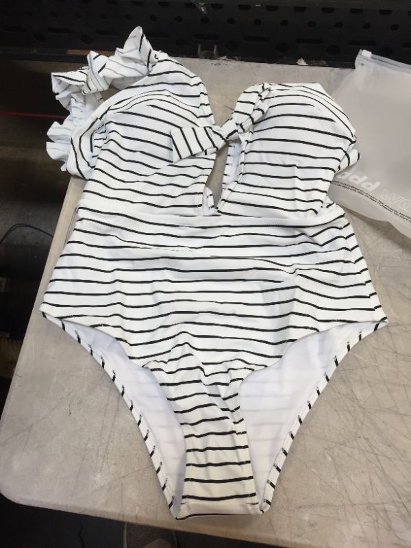 Photo 2 of White And Black Stripe Ruffle One Piece Swimsuit
LARGE