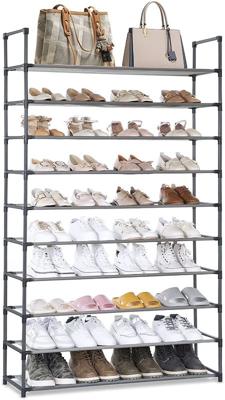 Photo 1 of Camabel 10 Tiers Shoe Rack Capacity 130lbs For 60 Pairs Stackable Narrow Expandable Non-Woven Fabric Shoe Storage Organizer Cabinet Tower Shelf Space Saving Assembly No Tools Required Hold High Heeled Shoes Gray

