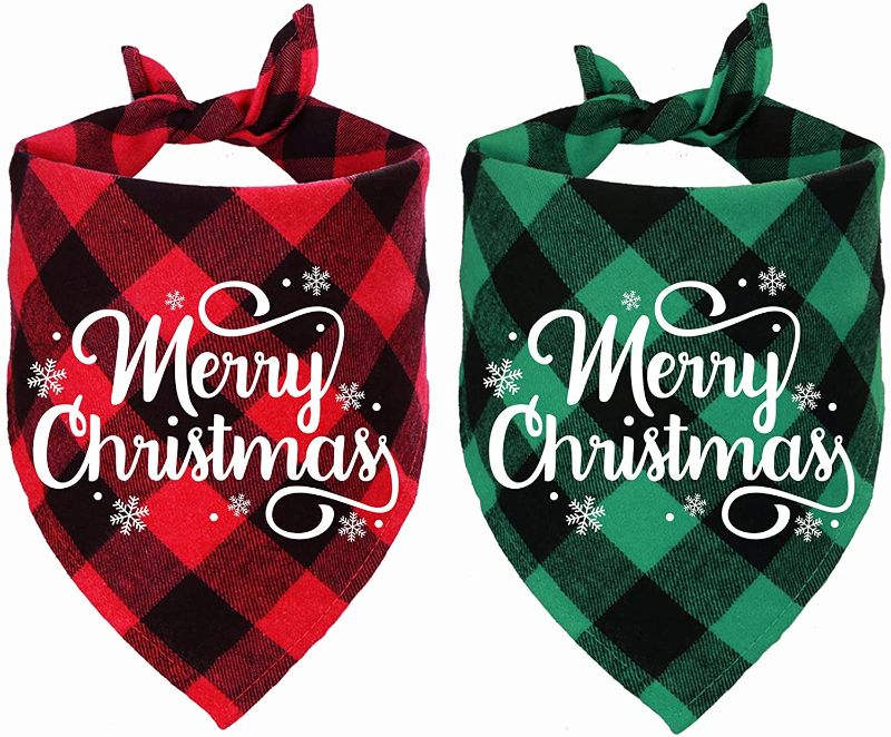 Photo 1 of  2 Pack Christmas Plaid Dog Bandanas, Merry Christmas Snowflake Holiday Plaid Dog Bandanas for Small Medium Dog Christmas Costume Decorations