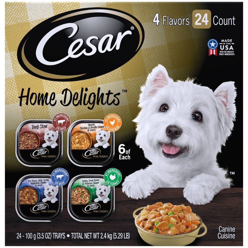 Photo 1 of (24 Pack) CESAR HOME DELIGHTS Wet Dog Food Pot Roast & Vegetable, Beef Stew, Turkey Potato & Green Bean, and Hearth Chicken & Noodle Variety Pack, 3.5 FRESHEST BY 7/30/2023
