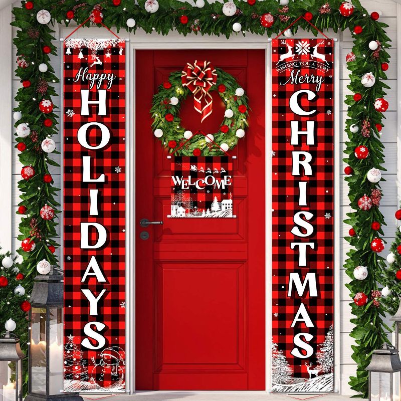 Photo 1 of 3 Pieces Christmas Plaid Porch Sign Merry Christmas Banner Happy Holidays Banner Welcome Banner Front Door Hanging Sign for Christmas Home Wall Indoor Outdoor Decoration
