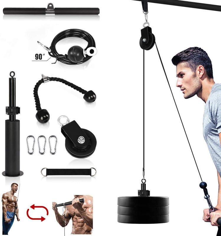Photo 1 of DNC Pulley System Gym, Upgraded Pulley Cable Machine Attachment Farm Strength Training Weight Triceps Rope with Loading pin Cable Machine Attachment for Home Gym Equipment
