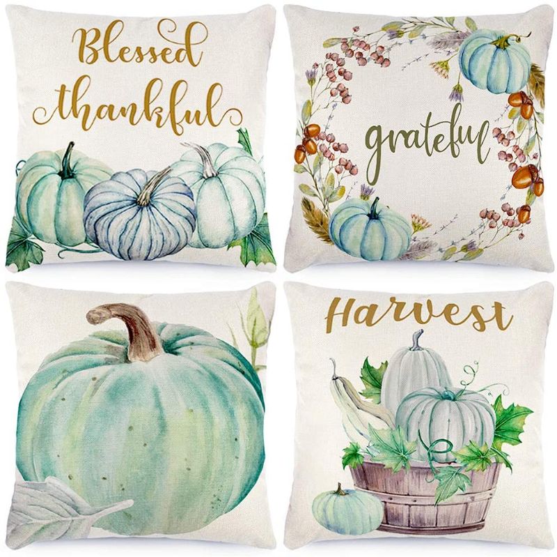 Photo 1 of  Fall Pillow Covers 18x18 Inches 4pcs Thanksgiving Pillow Covers Autumn Decorations Pumpkin Farmhouse Outdoor Throw Pillowcase Fall Decor Grateful Linen Cushion Cover