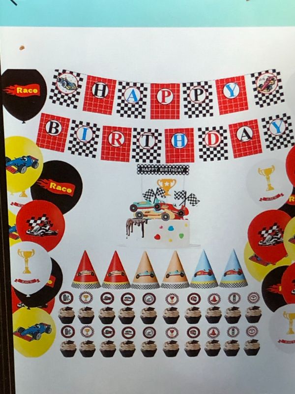 Photo 1 of  52 PIECES RACE CAR BIRTHDAY PARTY SUPPLIES SET, CAR BIRTHDAY PARTY DECORATIONS FOR BOYS INCLUDING CAR HAPPY BIRTHDAY BANNER AND CAR BALLOONS, BIRTHDAY HATS, CAR CUPCAKE TOPPERS