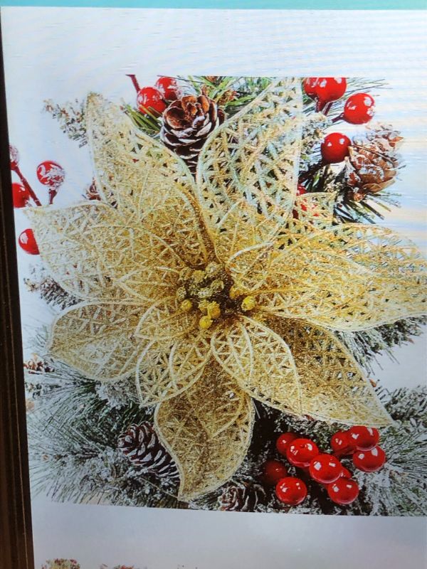 Photo 1 of  CHRISTMAS GLITTER POINSETTIA FLOWERS ARTIFICIAL SILK FLOWERS CHRISTMAS TREE ORNAMENTS 12 PACK