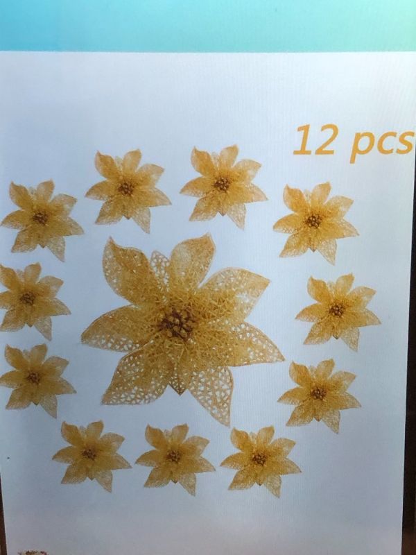 Photo 1 of  GOLDEN CHRISTMAS GLITTER POINSETTA FLOWERS 12 PACK