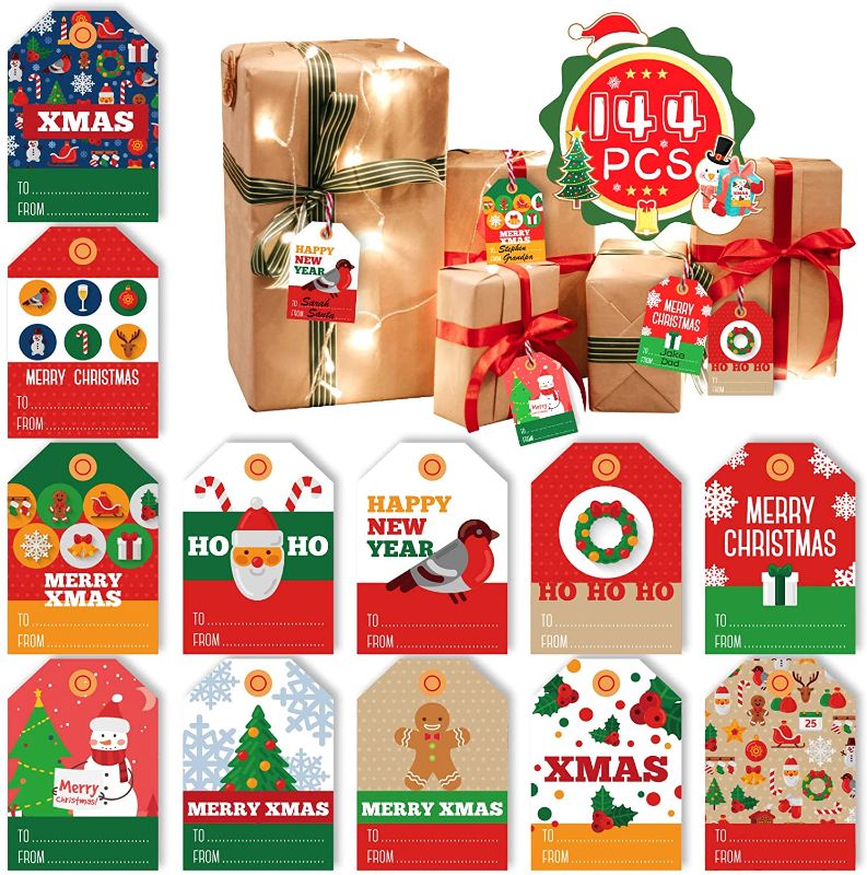 Photo 1 of 144 Pack Christmas Paper Gift Tags, Pre-Punched Xmas Paper Tags for DIY Xmas Holiday Present Wrap Stamp and Label Package Name Card (2 PACK)