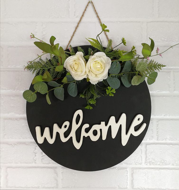 Photo 1 of Xmas Arts& Crafts Rose on Wreath Sign for Front Farmhouse Decoration (Welcome Black)
