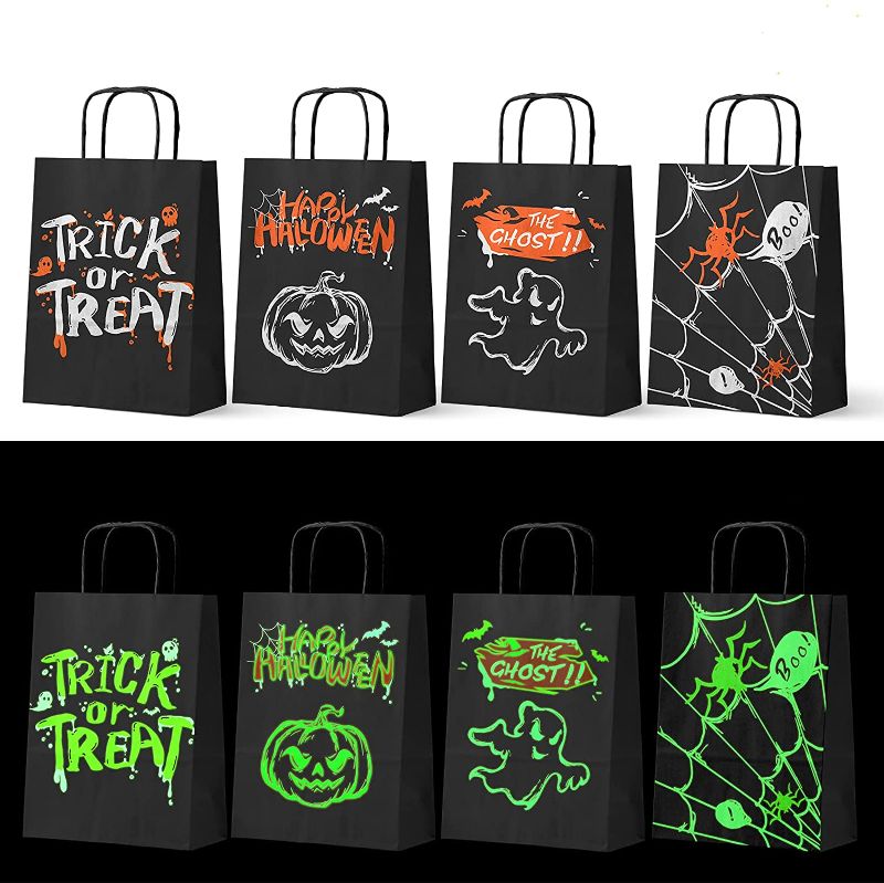 Photo 1 of 16Pcs Halloween Party Supplies Trick or Treat Paper Bags Glow in the Dark Halloween Decorations Holiday Party Faovrs Candy Gift Bags
