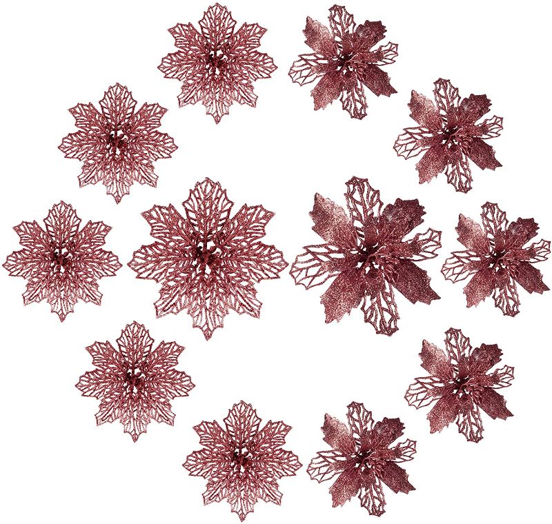 Photo 1 of 12 Pack Christmas Glitter Poinsettia Flowers 2 Styles of Artificial Flower for Christmas Tree Decoration 5.5-inch Glitter Poinsettia Flowers (Pinkish Gold)
