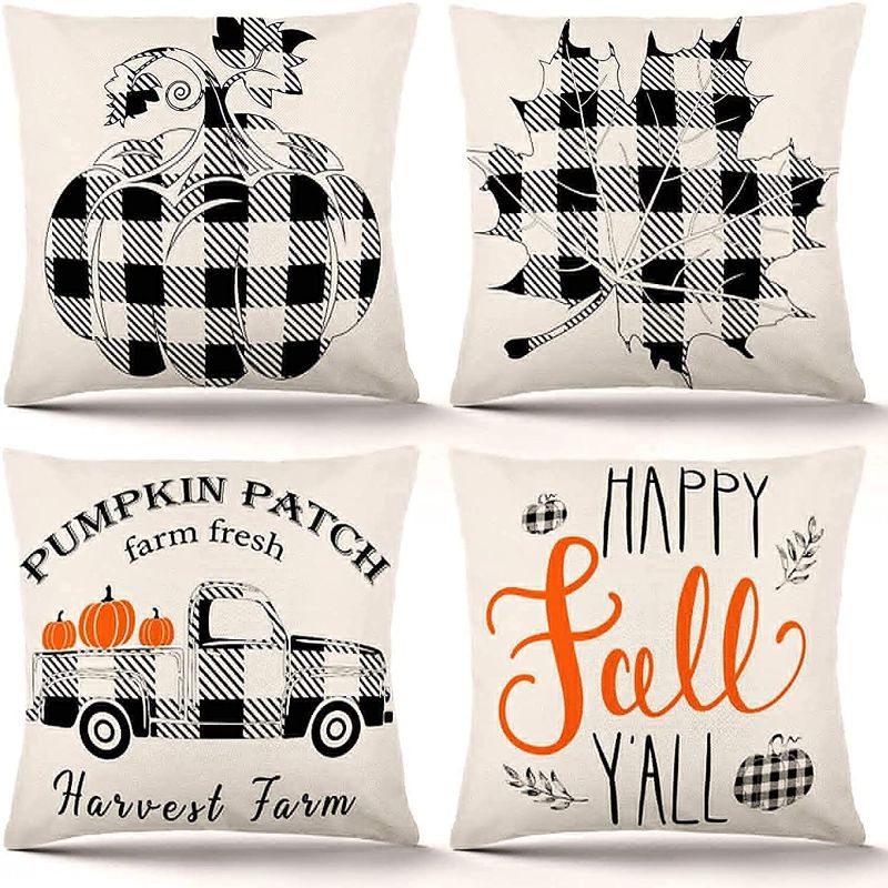 Photo 1 of YGEOMER Fall Pillow Covers 20x20 Inch Set of 4 Fall Decor for Home Autumn Farmhouse Buffalo Plaid Pillow Covers Holiday Rustic Linen Pillow Case for Sofa Couch Thanksgiving Throw Pillow Covers
