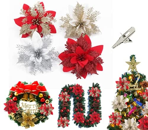 Photo 1 of 12PCS Glitter Poinsettia Flowers Christmas Poinsettia Decorations Artificial Christmas Poinsettia Flowers with 12Pcs Clips
