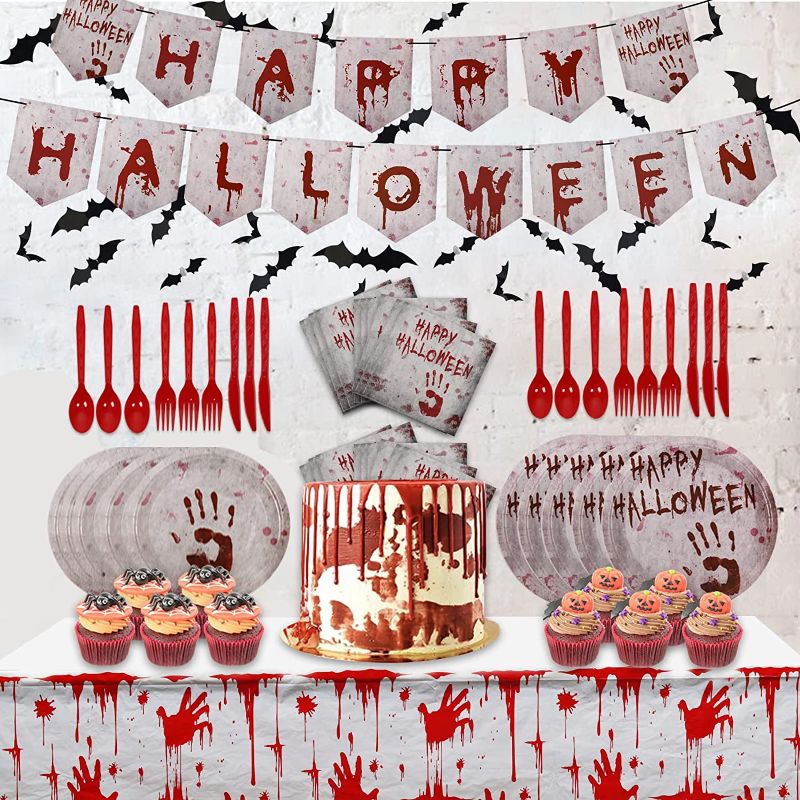 Photo 1 of 118 pieces of Halloween party supplies, banners, tablecloths, 7-inch plates, 9-inch plates, knives, forks, spoons, tissues, bat stickers
