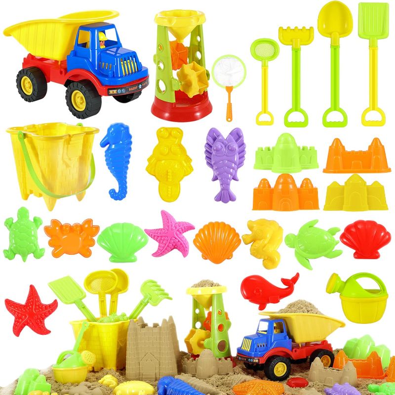 Photo 1 of Beach Toys Sand Toys Set - 30 pcs Sandbox Toys for Kids 3-10 with Water Wheel, Big Truck, Bucket, Watering Can, Shovel Tool Kit, Sand Molds, Summer Beach Castle Kit Outdoor Toys for Boys & Girls
