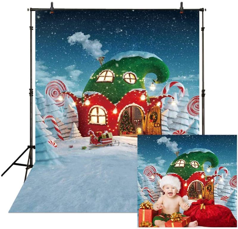 Photo 1 of 5x7ft Christmas Candy Canes House Backdrop for Kids Photography Winter Snowflake Snow Fairy Tale Xmas Party Decoration Baby Children Holiday Portrait Background Photo Booth Photoshoot Props