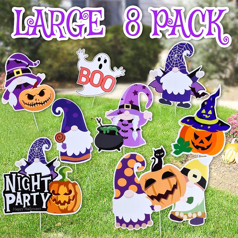 Photo 1 of  8pcs Halloween Yard Signs with Metal Stakes,Waterproof Plastic Yard Stake Signs Halloween Decorations, Including Gnomes Pumpkins Boo, Purple Cute Halloween Lawn Decorations