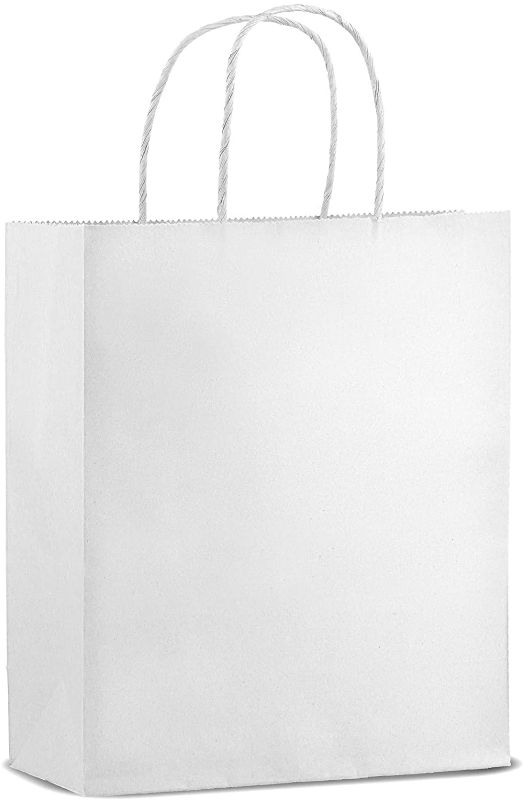 Photo 1 of 50 Pack - Premium Quality - Trendy Kraft Paper Bags With Handles - Bulk Small White Paper Gift Bags, Perfect Kraft Bag, Party Bag or Shopping Bag (8" x 4" x 10", White)
