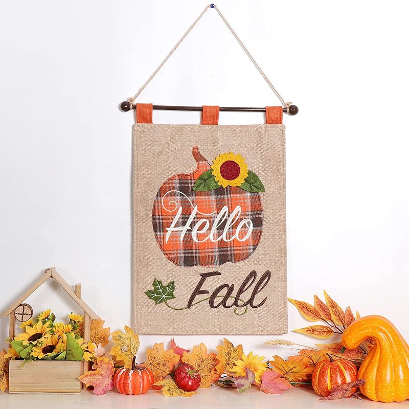 Photo 1 of  Hello Fall Thanksgiving Day Flags Buffalo Plaid Burlap Banner Pumpkin Harvest Autumn Farmhouse Thanksgiving Decorations