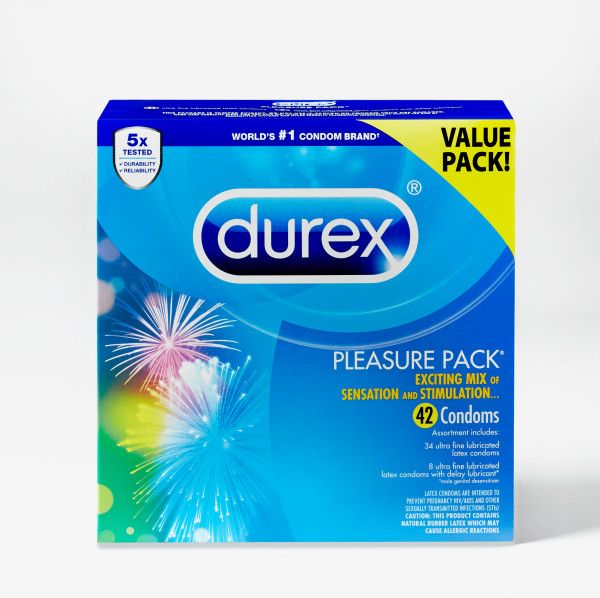 Photo 1 of Durex Pleasure Pack Assorted Condoms, Exciting Mix of Sensation and Stimulation, Natural Rubber Latex Condoms for Men, FSA & HSA Eligible, 42 Count EXPIRES 9/2022 PACK OF 2=84 CONDOMS TOTAL
