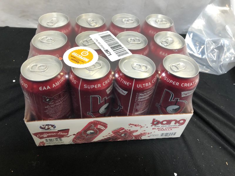 Photo 2 of (12 Cans) Bang Caffeine Free Black Cherry Vanilla Energy Drink with Super Creatine, 16 Fl Oz FRESHEST BY 10/9/2022
