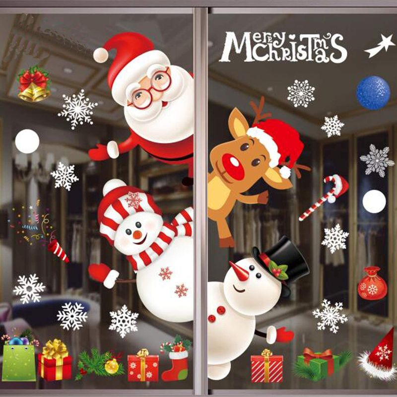 Photo 1 of Christmas Window Clings Reusable Christmas Window Wall Removable Static PVC Stickers Santa Claus Reindeer Decals Xmas Snowflake Decorations for Christmas Home Shop Party Window 