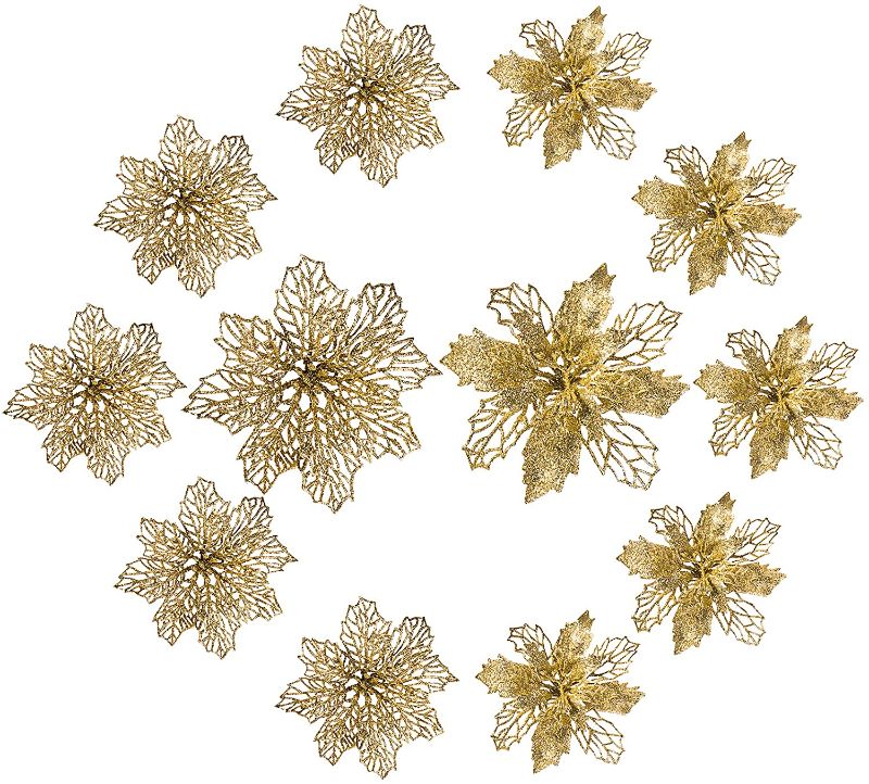 Photo 1 of 12 Pack Christmas Glitter Poinsettia Flowers 2 Styles of Artificial Flower for Christmas Tree Decoration 5.5-inch Glitter Poinsettia Flowers (Champaign Gold)
