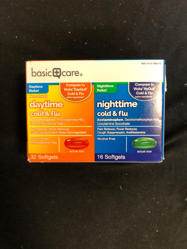 Photo 1 of Amazon Basic Care Cold Flu Relief Multi-Symptom Daytime Night time Combo Pack Softgels; Cold Medicine  EXP4/2022