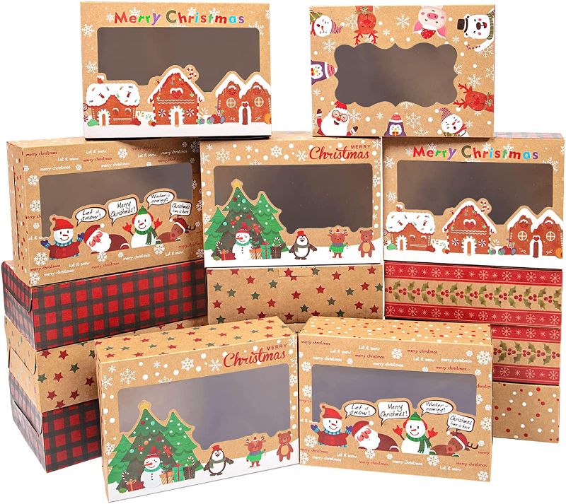 Photo 1 of Christmas Cookie Boxes for Gift Giving, 16 PCS Bakery Treat Containers Cookie Tins with Window for Holiday Christmas Dessert Candy Cupcake Pastry Food Packaging Boxes with Lids 8.3"x6"x2.8"
