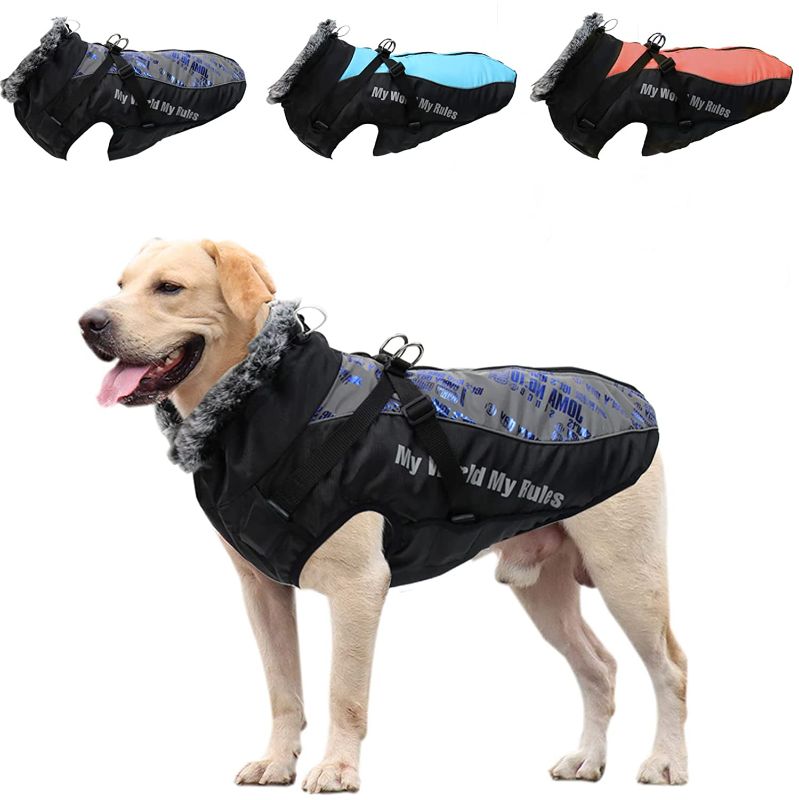 Photo 1 of Doglay Dog Winter Jackets, Extra Waterproof Windproof Reflective Dog Coat for Hiking Camping, Pet Clothes with Harness, Warm Furry Collar & Zipper for Medium Large Dogs SIZE CHEST 33" BACK 27.5"
