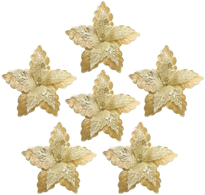 Photo 1 of 8" /6pcs, Xmas Glitter Artificial Poinsettia Silk Flowers Decoration, Wreath Plant Ornaments Chrismtas Tree Ornaments, for Silk Decorations Home Xmas Holiday Party - Gold.
