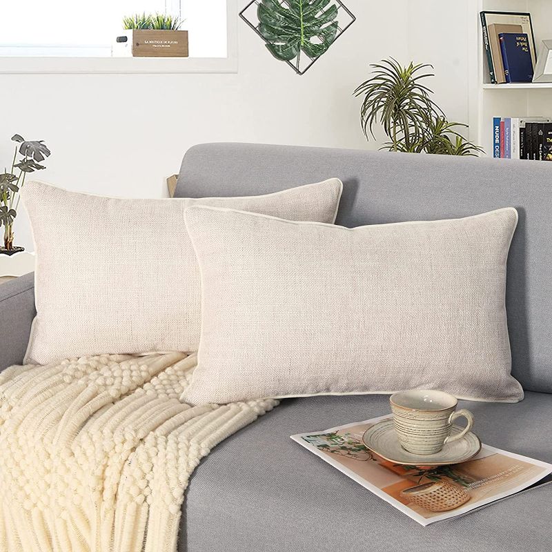 Photo 1 of cygnus Beige Lumbar Linen Pillow Covers 12 x 20 Inch Pack of 2 Farmhouse Decorative Velvet Throw Pillow Covers for Home Sofa Couch

