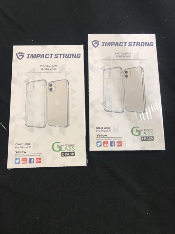 Photo 2 of ImpactStrong Compatible with iPhone 11 Clear Case, Clear Guard Shock Absorbing Scratch-Resistant Hybrid Clear TPU Cover Designed for iPhone 11 (2X Glass Screen Protector Included) - Yellow Buttons - 2 PACK 
