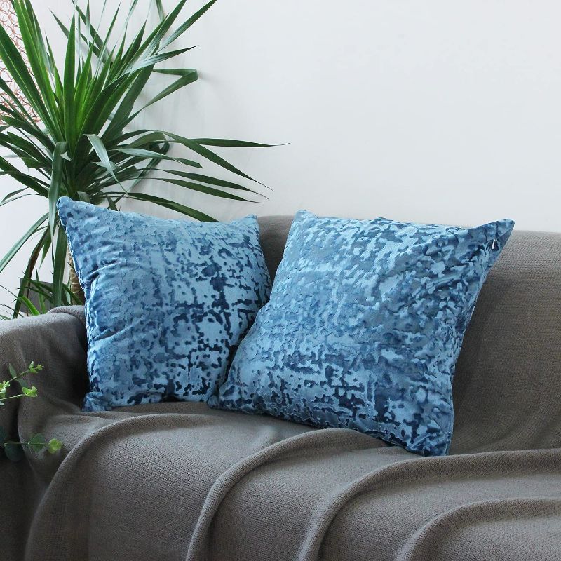 Photo 1 of Adabana Blue Pillow Covers Decorative Crushed Velvet Pillow Cases Soft Luxury Shinny Cushion Case for Sofa Bedroom 18 x 18 Inch Set of 2
