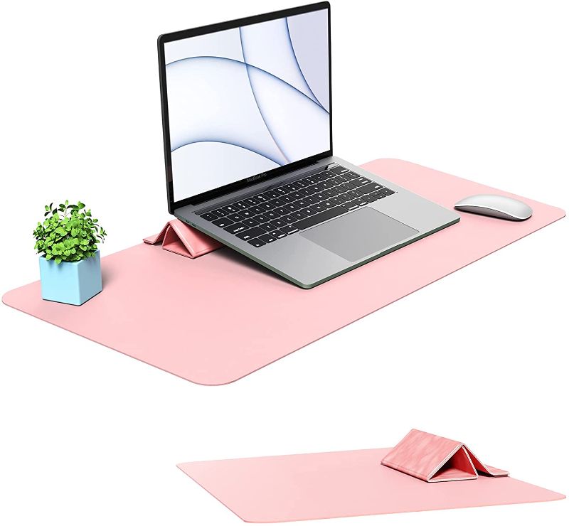 Photo 1 of Multifunctional Desk Pad with Laptop Stand , Non-Slip PU Leather Desk Protector with Ergonomic Computer Riser, Notebook Holder with Easy Clean Desk Writing Mat for All Laptops(Pink, 31.5" x 15.7")
