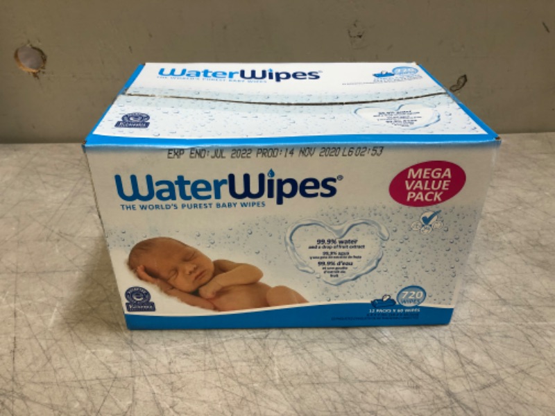 Photo 1 of WaterWipes Original Baby Wipes, 99.9% Water, Unscented & Hypoallergenic for Sensitive Newborn Skin, 60 Count (Pack of 12) -- EXP JULY 2022