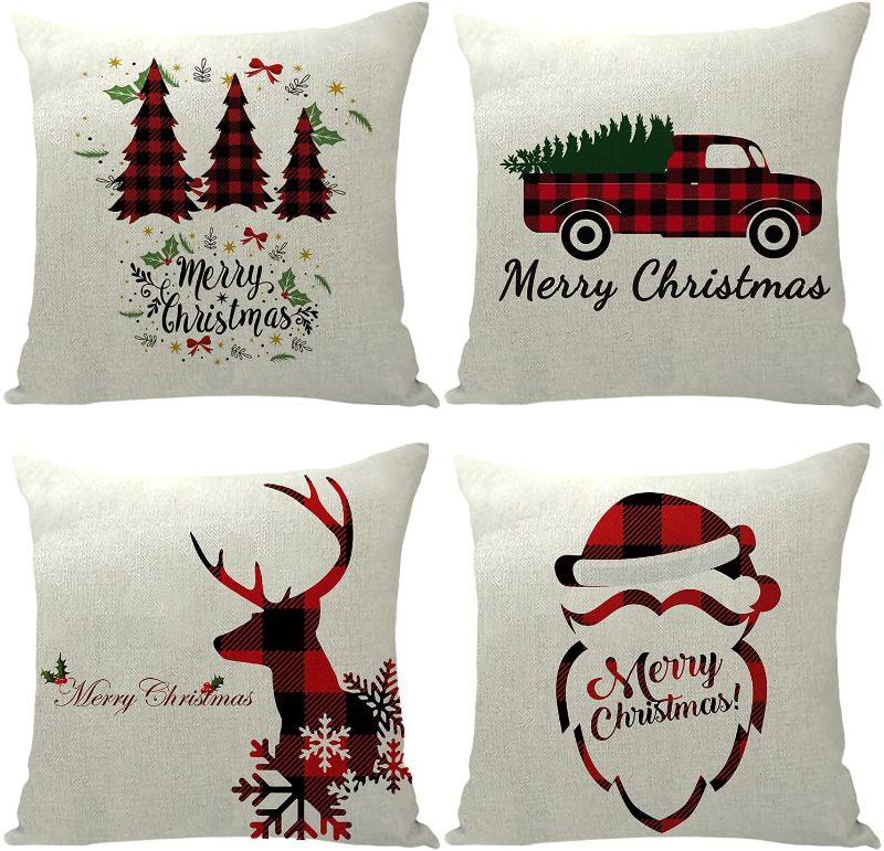 Photo 1 of Christmas Throw Pillow Covers 18x18 Set of 4,Christmas Buffalo Plaid Farmhouse Decor Cushion Cover for Living Room, Couch,Bed (Red & Black, 18 X 18 inches)
