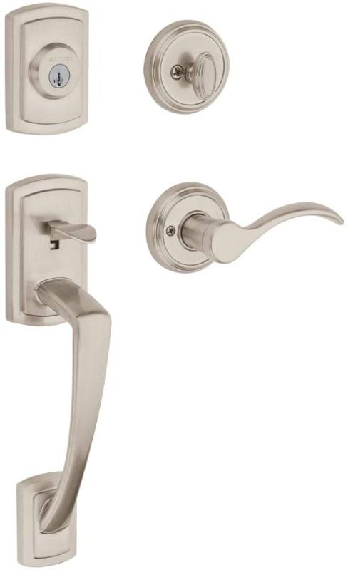 Photo 1 of Baldwin Nautica Single Cylinder Front Door Handleset Featuring SmartKey Security in Satin Nickel, Prestige Series with Traditional Door Hardware and Tobin Lever
