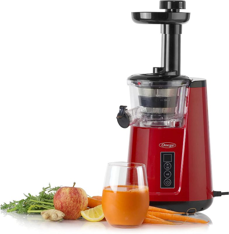 Photo 1 of Omega Juicer Cold Press 365 Vertical Slow Masticating Extractor for Fruits and Vegetables, BPA-Free, 65 RPM, 150-Watts, Red
