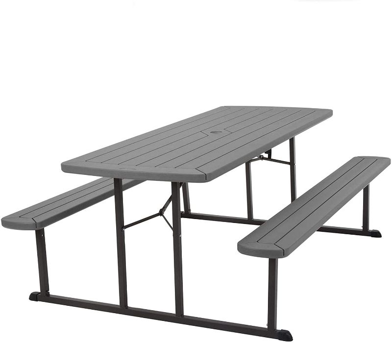 Photo 1 of Cosco Outdoor Living 6 ft. Folding Blow Mold, Dark Wood Grain with Gray Legs Picnic Table
