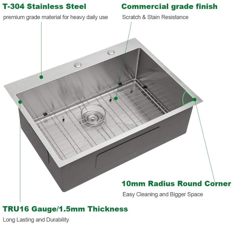 Photo 1 of 30x22 Kitchen Sink Drop In - Sarlai 30 Inch Stainless Steel Kitchen Sink Topmount 16 Gauge Round Corner Deep Single Bowl Kitchen Sink Basin
