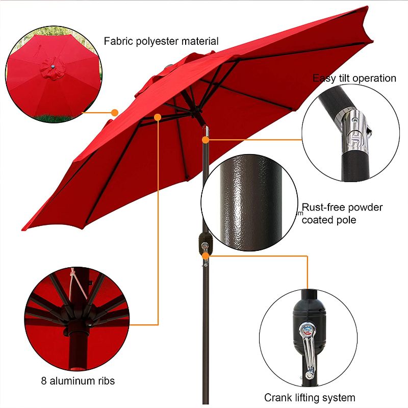 Photo 1 of Blissun 9ft Patio Umbrella, Manual Push Button Tilt and Crank Garden Parasol (Red)
