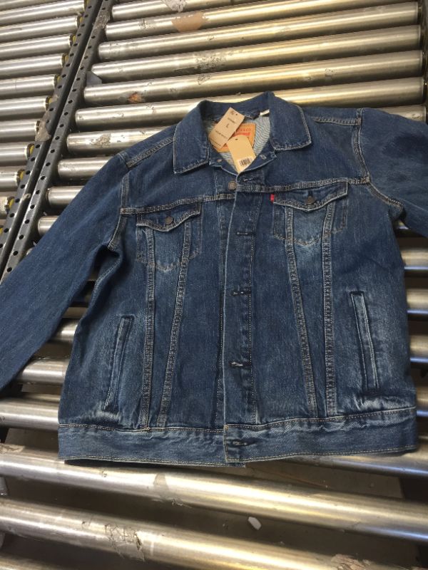 Photo 1 of Levis Denim Blue Trucker Jacket Mens Large Camouflage Chenille Logo L